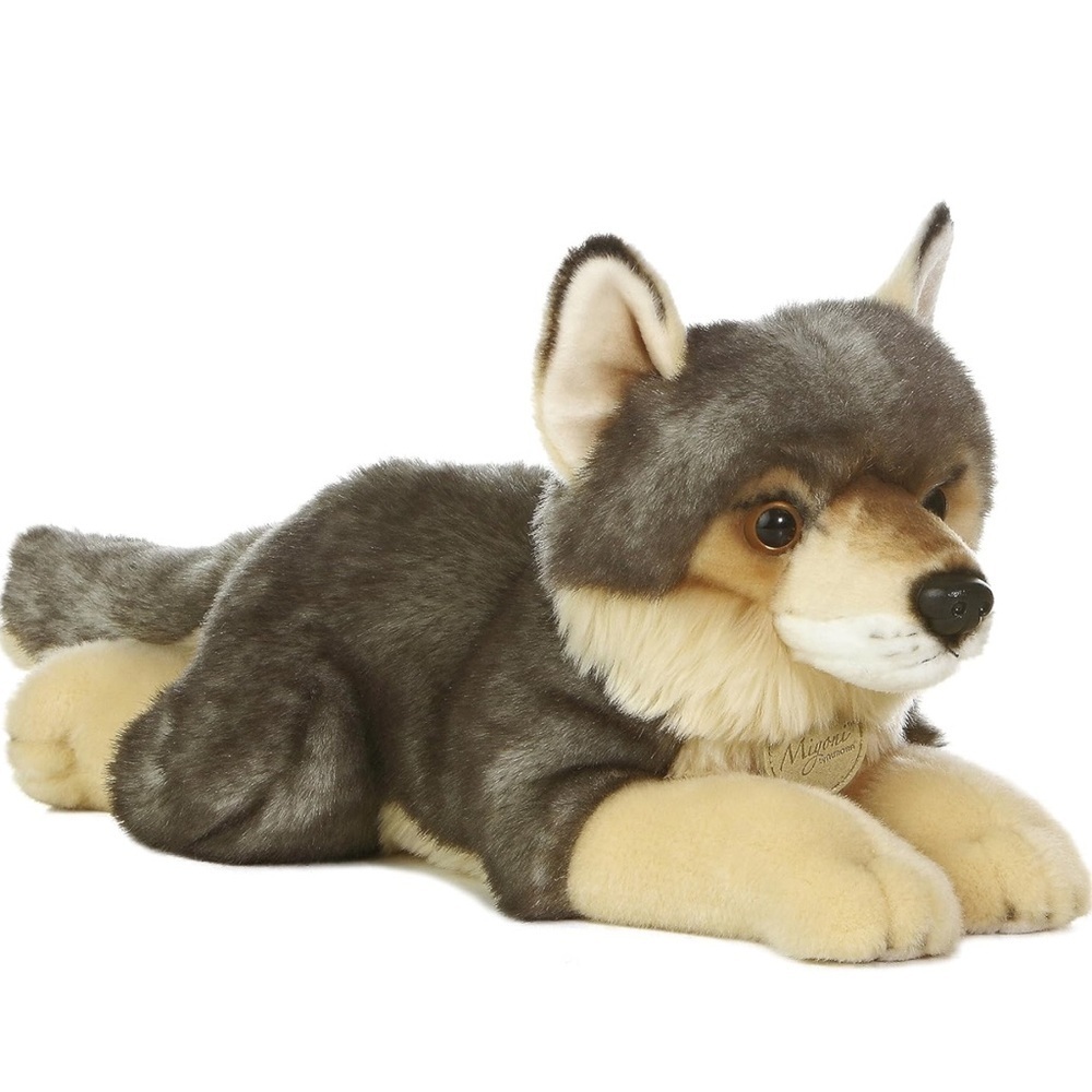 Miyoni By Aurora Gray and Tan Laying‎ Wolf Plush Stuffed Animal NEW NWT 16”